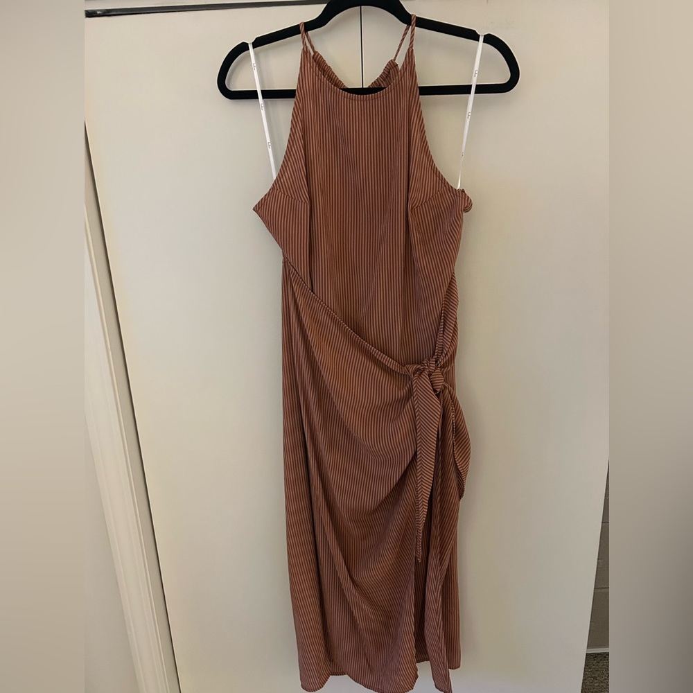 Lulu's Tan and White Striped Wrap Dress